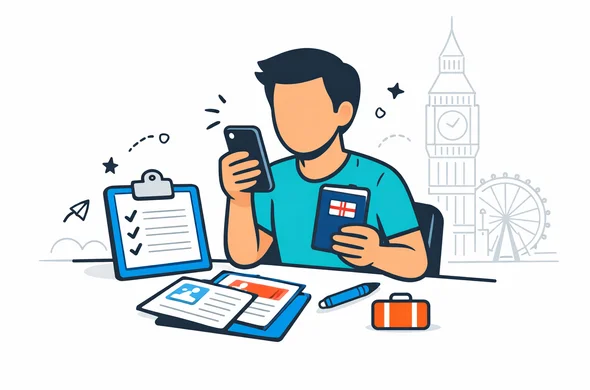Flat semi-flat vector illustration, deep blue and turquoise primary colors with subtle red United Kingdom accents, faceless abstract character with neutral skin tones using a smartphone and holding a passport, calm organized desk with checklist and travel documents, minimalist white background with faint outline of Big Ben and London skyline, modern tech feel, clean 2D isometric style, no photorealism, no gradients, no text, no watermark