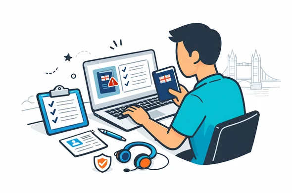 Flat semi-flat vector illustration, deep blue and turquoise primary colors with subtle red UK accents, faceless abstract character with neutral skin tones reviewing passport details and checklist on a laptop, organized support workflow, calm safe office atmosphere, minimalist white and light grey background with faint outline of Tower Bridge, modern tech feel, clean 2D isometric style, no photorealism, no gradients, no text, no watermark