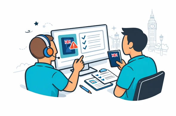 Flat semi-flat vector illustration, deep blue and turquoise primary colors with subtle red United Kingdom accents, faceless abstract character with neutral skin tones receiving guided support while reviewing travel documents on a screen, calm efficient service atmosphere, minimalist white background with faint outline of a London street and Big Ben, modern tech feel, clean 2D illustration, no photorealism, no gradients, no text, no watermark