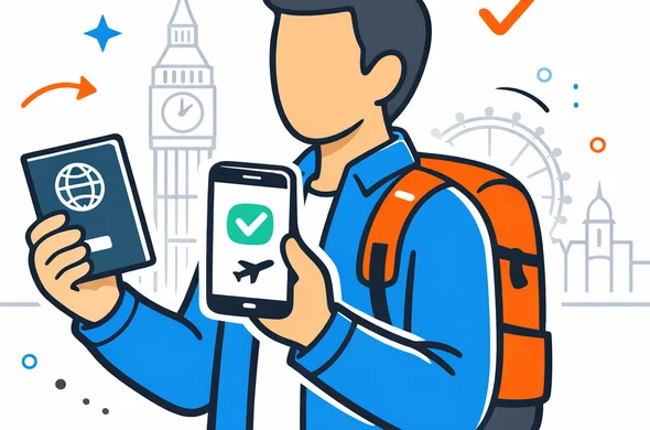 Flat semi-flat vector illustration, modern tech travel assistance style, deep blue and turquoise primary palette with elegant UK red accents, abstract faceless traveler with neutral skin tone holding a passport and smartphone showing a digital travel approval screen, calm organized setting, clean 2D isometric composition, minimalist white and light grey background, faint outline of Big Ben and London skyline, safe efficient atmosphere, crisp lines, no photorealism, no complex background