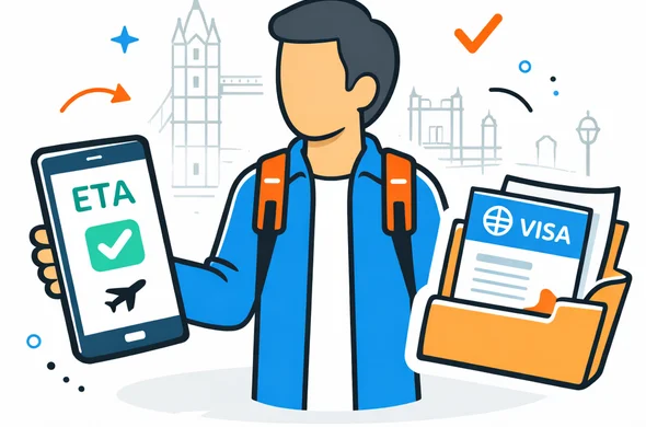 Clean flat vector illustration, deep blue and turquoise with UK red accents, abstract faceless traveler standing between a smartphone with digital ETA interface and a folder with visa documents, modern 2D isometric layout, neutral skin tones, calm organized decision-making scene, minimalist white background with faint outline of Tower Bridge and London icons, safe professional atmosphere, clean lines, not photorealistic
