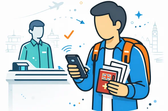 Flat vector travel checkpoint illustration, deep blue and turquoise primary colors with subtle UK red accent palette, abstract faceless passenger holding passport and travel documents while checking a phone, calm airport counter scene, clean 2D or light isometric style, minimalist white and grey background with faint outline of airport terminal and London skyline, organized safe atmosphere, modern SaaS aesthetic, no photorealism