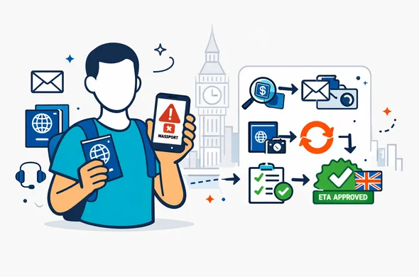 Flat modern semi-flat vector illustration, clean lines, 2D with slight isometric feel. Primary colors deep blue and turquoise (Aid-Air brand), UK accent color red. Scene: a faceless neutral traveler holding a passport and smartphone showing a warning badge Travel Not Authorised on the left, and a checklist roadmap with arrows leading to ETA Approved on the right. Include simple icons: email, passport scan, checkmark, refresh, support headset. Minimal white grey background with a faint outline silhouette of Big Ben and subtle London skyline. Calm, organized, efficient, safe, tech border-control mood. Not photorealistic, no facial features.