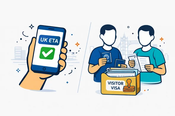 Flat vector illustration, clean lines, modern tech feel. Primary deep blue and turquoise with UK accent red. Split composition: left side shows smartphone with UK ETA and a digital checkmark; right side shows a document folder labeled Visitor Visa with a stamp icon. Faceless neutral characters comparing options calmly, holding passports and papers. Minimal white grey background with faint silhouette of Tower Bridge and subtle London skyline. Organized, efficient, safe atmosphere. Semi-flat 2D with light isometric touch, not photorealistic, no facial features.