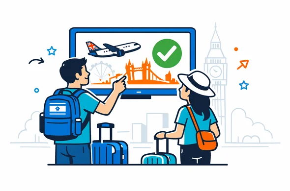 Flat vector illustration of Israeli travelers at an airport looking at a digital screen showing UK ETA approval for London, modern tech style, deep blue and turquoise Aid Air branding with subtle red accents for the United Kingdom, calm and organized atmosphere, minimalist white background with a faint outline of Big Ben and the London skyline