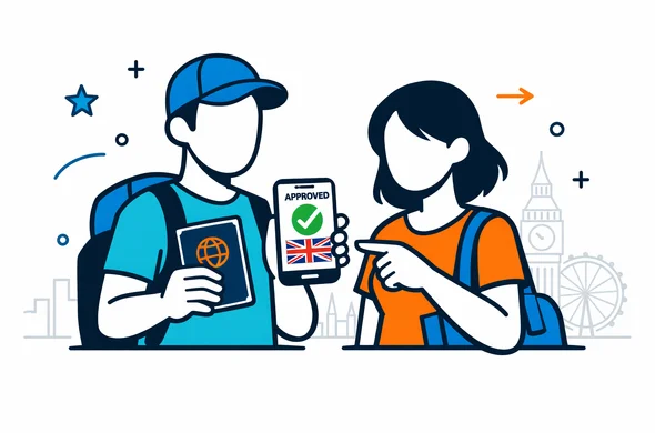 Flat vector illustration of two abstract travellers holding a smartphone with an approved UK ETA and a passport, modern tech style, deep blue and turquoise as primary colors with red accents for the UK, calm and organized atmosphere, minimalist white background with a faint outline of Big Ben and the London skyline, faceless characters, clean lines, semi-flat design