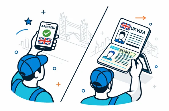 Isometric semi-flat vector illustration showing a split screen comparison between a digital UK ETA approval on a smartphone and a traditional UK tourist visa document, deep blue and turquoise colors with red accents for the UK, minimalist grey-white background, faint outline of the London skyline and Tower Bridge, faceless abstract characters, clean modern infographic style