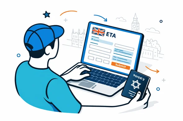Flat vector illustration of an abstract Israeli traveller sitting at a laptop and filling out a UK ETA online form, deep blue and turquoise interface with red UK accents, calm efficient atmosphere, minimalist white background with faint outline of Big Ben, clean lines, semi-flat modern style, faceless character holding a passport next to the computer