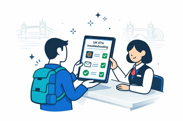 Flat/semi-flat vector illustration with clean lines: an airport service desk where an abstract faceless traveler and an airline staff member review a checklist on a tablet labeled “UK ETA troubleshooting”, with icons of passport, email, and verification. Deep blue and turquoise palette with UK accent royal red. Calm, supportive atmosphere. Minimal white/grey background with a faint silhouette outline of Tower Bridge and the London Eye.