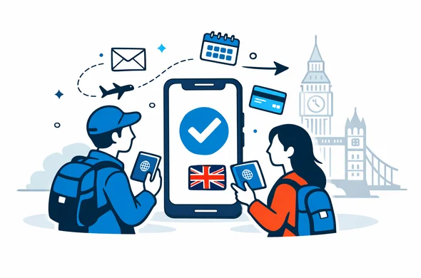 Flat or semi-flat vector illustration, clean lines, modern tech feel, isometric 2D. Primary palette deep blue and turquoise, with United Kingdom accent red and white. Two abstract faceless travelers holding passports and a smartphone showing a generic travel authorisation approval UI with a large checkmark and a small UK flag icon, no readable text. Include small floating icons: email envelope, calendar, payment card. A thin airplane route line points toward London. Minimal white and light grey background with a faint outline silhouette of Big Ben and Tower Bridge. Calm organized safe atmosphere, simple geometric shapes, high resolution, no photorealism, no detailed faces.