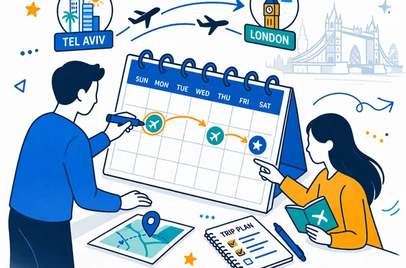 Isometric vector illustration of abstract characters planning multiple UK trips on a large calendar, arrows connecting Tel Aviv and London icons, deep blue and turquoise primary colors with yellow accents, calm and organized travel planning atmosphere, minimalist white background with a faint London skyline including Tower Bridge.