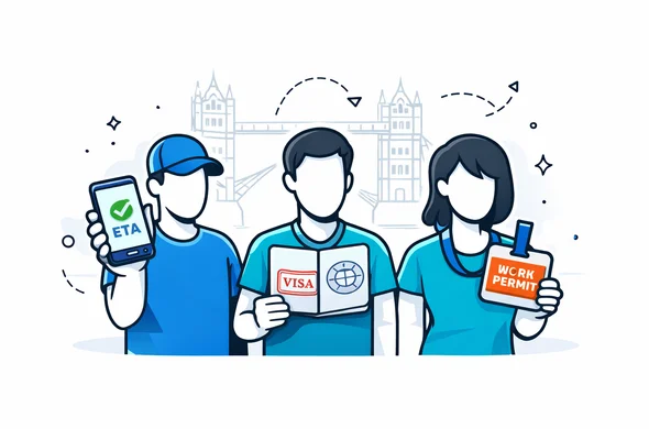 Flat vector illustration, clean lines, semi-flat 2D infographic style. Deep blue and turquoise palette with Union Jack red accent highlights. Minimal white background with a faint outline of Tower Bridge. Three abstract faceless characters holding different document icons: ETA on a smartphone, a visa stamp in a passport, and a work permit badge. Calm, organized composition, no text, not photorealistic.