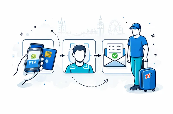 Flat semi-flat vector illustration, modern tech isometric style. Deep blue and turquoise palette with Union Jack red accent. Minimal light grey background with a faint outline silhouette of Westminster Palace and the London Eye. Three-step sequence panels: smartphone scanning an e-passport chip, face scan frame with an abstract faceless character, and an email confirmation card with a generic 16-digit reference icon and an ETA checkmark. Abstract faceless traveler with a suitcase and a small music note sticker, calm and secure mood, no text, not photorealistic.