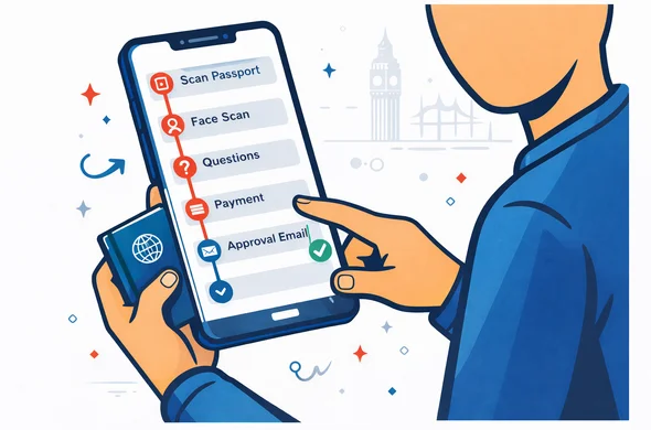 Semi-flat vector illustration, isometric phone screen showing a step-by-step ETA application checklist: scan passport, face scan, questions, payment, approval email. Abstract faceless character interacting with the phone, holding a passport. Deep blue and turquoise primary palette, UK red accent for progress steps. Minimal light grey background with a faint outline of Big Ben. Calm, organized, safe digital process.
