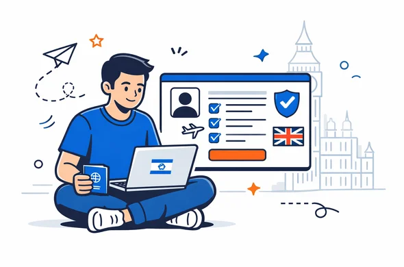 Flat vector illustration of an Israeli traveler sitting with a laptop and passport, submitting a UK ETA application online, modern user interface on screen, calm organized mood, deep blue and turquoise primary colors with red and blue United Kingdom accents, minimalist light background with a faint Big Ben and London skyline silhouette, clean semi flat tech style