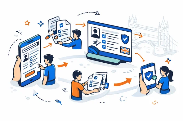 Semi flat isometric vector illustration of a step by step digital workflow for a UK ETA application, multiple abstract faceless characters moving documents between screens and mobile phones, arrows connecting stages, deep blue and turquoise user interface with red and blue United Kingdom accents, minimalist light grey background with a faint Tower Bridge outline
