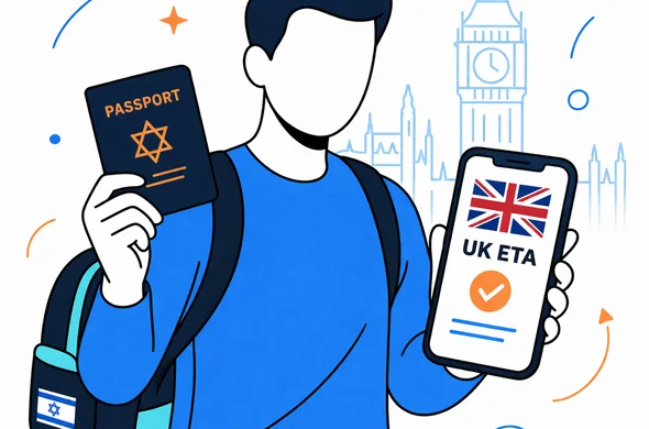 Flat vector illustration in a modern tech style showing an abstract faceless Israeli traveler holding a passport and phone with a UK ETA approval screen, deep blue and turquoise primary colors with royal red accents for the United Kingdom, calm and organized atmosphere, minimalist white background with a faint line-art silhouette of Big Ben and the London skyline, clean lines, semi-flat design, no facial features.