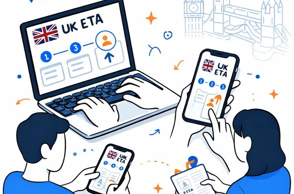 Isometric flat vector illustration of a step-by-step online application process on a laptop and smartphone for UK ETA, abstract faceless characters typing and uploading documents, deep blue and turquoise primary colors with royal red accents, minimalist white and light grey background, faint outline of Big Ben and Tower Bridge, clean modern UI style, calm and efficient atmosphere.
