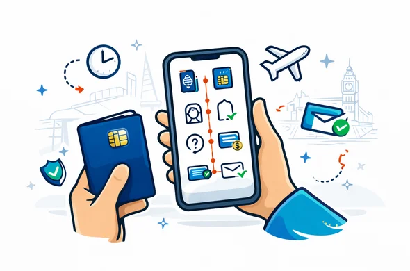 Modern semi-flat vector illustration with slight isometric perspective. A smartphone at the center shows a generic step-by-step application flow using icons only: passport scan, chip scan, face photo, questions, payment, approval email. Abstract faceless hands hold an e-passport and the phone. Floating icons around: shield with checkmark, clock, envelope, airplane. Primary palette deep blue and turquoise (Aid-Air brand), accent Union Jack red for progress highlights. Minimal white and light grey background with a faint outline of an airport gate and the London skyline (The Shard and Big Ben outlines). Calm, safe, efficient atmosphere, clean vector lines, not photorealistic, no readable text.
