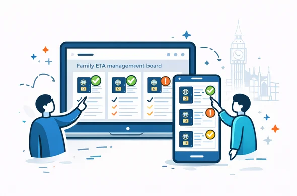 Flat vector illustration of a modern UI dashboard. A laptop and smartphone display a family ETA management board with multiple passport cards and status badges (approved, pending) shown as simple icons. Faceless abstract characters point and tick items on a checklist. Deep blue and turquoise palette with UK accent red. Minimal background with a faint outline silhouette of Westminster Palace and Big Ben. Clean lines, calm organized atmosphere, not photorealistic, no readable text.
