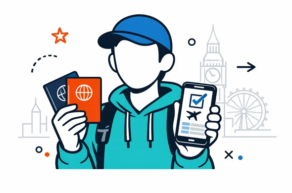 Flat semi-flat vector illustration of an abstract faceless traveler holding two passports and a smartphone with a UK ETA application screen, deep blue and turquoise as primary colors with subtle red accents inspired by the UK flag, calm efficient atmosphere, minimalist white and light grey background with a faint outline of Big Ben and the London skyline, modern tech style, clean 2D design, no facial features