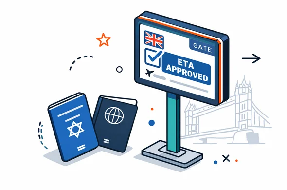 Isometric flat vector illustration of two abstract passports, one with an Israeli style color and one generic foreign passport, next to an airport boarding gate sign showing UK ETA approval on a screen, deep blue and turquoise primary colors with red accent lines, calm and efficient atmosphere, minimalist white and grey background with a faint outline of Tower Bridge, faceless characters, clean modern 2D design