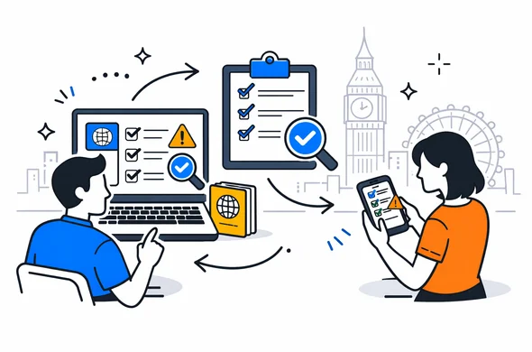 Isometric flat vector illustration of a digital UK ETA review workflow on screens, abstract faceless characters checking visa forms on laptop and smartphone, deep blue and turquoise primary colors with yellow and blue accents for the UK, minimalist white background, faint outline of Big Ben and London skyline, calm efficient and organized atmosphere