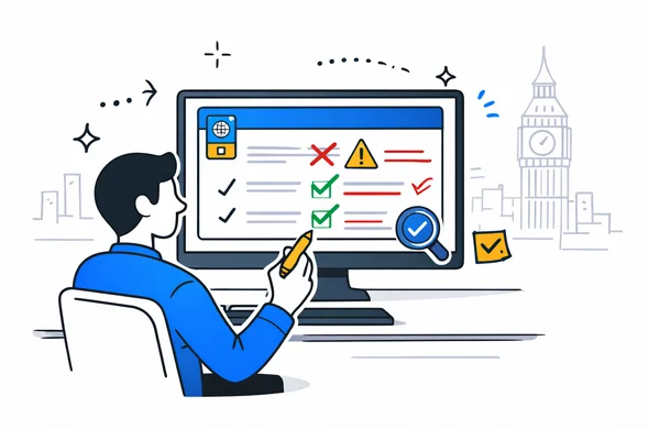 2D flat vector illustration of a visa specialist sitting at a desk reviewing a UK ETA form on a large monitor, abstract faceless character highlighting errors and corrections, deep blue and turquoise interface with yellow and blue UK accents, minimalist grey-white background, faint silhouette of Big Ben in the distance, calm and professional atmosphere