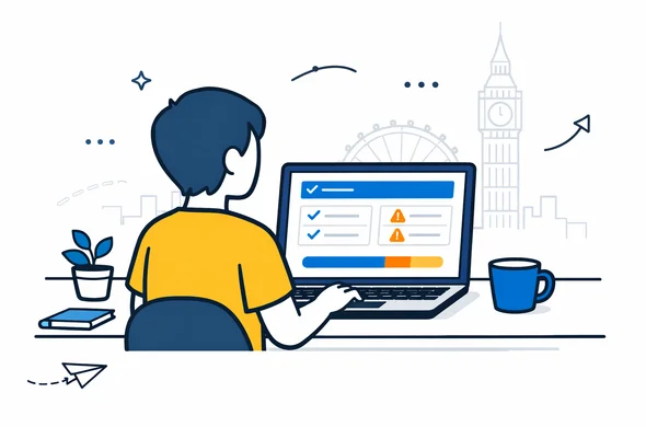 Flat vector illustration, modern tech style, deep blue and turquoise with yellow and blue accents for the United Kingdom. Abstract faceless character sitting at a desk with a laptop screen showing a UK ETA status dashboard with completed and pending steps, calm and organized atmosphere, minimalist white and light grey background with faint outline of Big Ben and London skyline