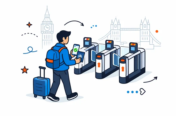 Flat or semi-flat vector illustration, modern tech feel, isometric composition. A faceless traveler holding a passport and a smartphone showing an approved ETA screen, approaching automated eGates at a UK airport. Calm organized atmosphere, clean lines, deep blue and turquoise primary palette with UK accent red details. Minimal white and light grey background with a faint outline silhouette of Big Ben and Tower Bridge.