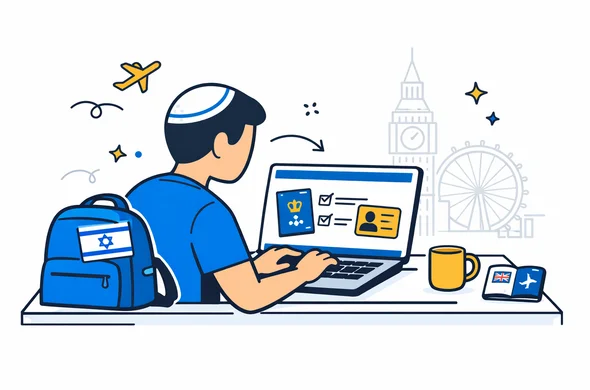 Flat vector illustration of an abstract traveler from Israel checking UK ETA requirements on a laptop, deep blue and turquoise interface, yellow and blue accent colors for the United Kingdom, calm and organized atmosphere, minimal white background with faint outline of Big Ben and London skyline, modern isometric design, faceless character, clean lines