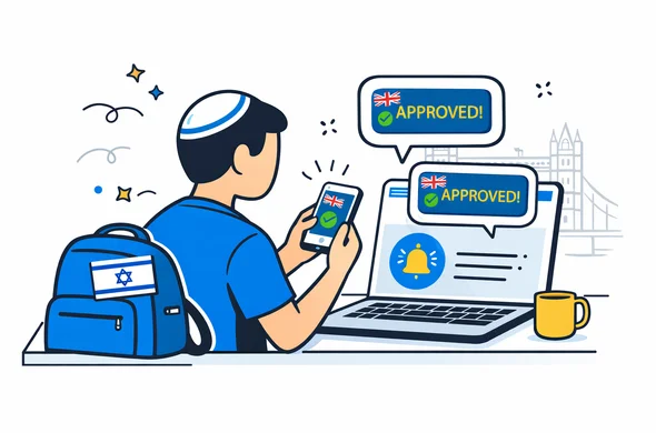 Semi flat vector illustration of an abstract traveler receiving a UK ETA approval notification on smartphone and laptop, deep blue and turquoise user interface, yellow and blue United Kingdom accents, calm and efficient atmosphere, minimal white background with subtle outline of Tower Bridge, modern 2D design, faceless character, clean lines