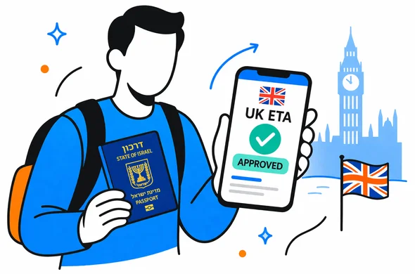 Flat vector illustration of an abstract traveller holding a passport and smartphone with an approved UK ETA screen, modern digital interface, deep blue and turquoise colors with yellow and blue UK accents, calm and efficient atmosphere, minimal white background with subtle London skyline and Big Ben silhouette, clean 2D isometric style, faceless characters