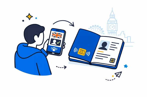 Isometric flat vector illustration of an abstract person scanning a biometric passport with a smartphone UK ETA app interface and NFC chip icon, deep blue and turquoise brand colors with yellow and blue UK accents, calm organized tech atmosphere, minimal white background with faint Big Ben and London skyline outline, clean 2D vector style, faceless characters