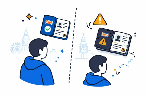 Flat vector illustration split scene showing a clean valid passport with a UK ETA checkmark on one side and a damaged worn passport with a warning icon on the other, abstract faceless traveller, deep blue and turquoise colors with yellow and blue UK accents, calm but cautionary mood, minimal white background with subtle London skyline outline, modern 2D style
