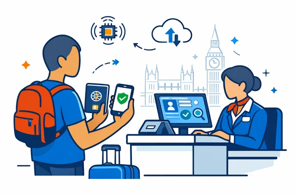 Semi-flat vector illustration, modern tech travel scene at an airport check-in desk. Isometric 2D composition. An abstract faceless traveler with neutral skin tone holds a biometric passport and a smartphone showing a simple ETA approval badge (no readable text). An airline agent behind the counter checks a computer with a digital verification UI (generic icons only). Include subtle icons suggesting passport chip scan and cloud sync. Primary palette deep blue and turquoise (Aid-Air brand), with UK accent color red and small white highlights. Minimalist white/light-grey background with a faint line-art silhouette of Big Ben and the Houses of Parliament. Calm, organized, efficient, safe atmosphere. Clean lines, flat/semi-flat vector style, no photorealistic, no detailed faces.