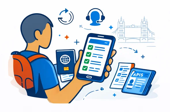 Flat vector illustration of a step-by-step troubleshooting checklist for UK ETA at the airport. 2D or light isometric style. Abstract faceless traveler holds a smartphone with checklist icons (no readable text), next to a passport and boarding pass. Nearby minimal icons: refresh, customer support headset, document check, APIS form. Deep blue and turquoise primary colors, UK accent red. Minimalist light background with a faint outline silhouette of Tower Bridge. Clean lines, modern tech feel, calm and safe, semi-flat vector, no photorealism, no facial features.