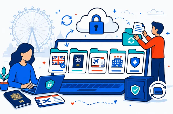 Semi-flat vector illustration of a secure digital UK travel folder system. Abstract faceless characters organize documents on a laptop and in cloud storage. Folder cards/icons represent: UK ETA, passport, flight tickets, hotel booking, insurance, plus lock and backup icons (no readable text). Primary deep blue and turquoise palette with UK accent red. Minimal white/light-grey background with a faint outline of the London Eye. Clean lines, modern tech vibe, calm, organized, efficient, no photorealism, no distinct facial features.