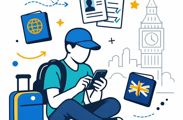 Flat vector illustration of an abstract faceless traveler sitting calmly and filling a UK ETA application on a smartphone, with digital documents and passport icons floating around. Modern tech style, clean lines, deep blue and turquoise primary colors with yellow and blue accents for the UK. Minimal white background with a faint outline of Big Ben and the London skyline.
