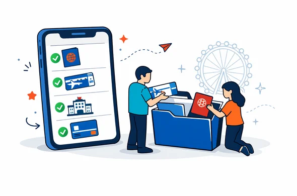 Flat vector illustration, 2D or isometric checklist UI on a smartphone screen, with icons of passport, flight ticket, hotel booking, bank card. Faceless neutral characters organizing documents into a folder. Deep blue and turquoise primary palette with UK accent red. Minimal light grey background with a faint outline of the London Eye.