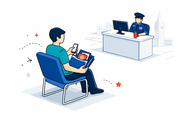 Semi-flat vector illustration, isometric. A calm faceless traveler seated in a secondary inspection area, holding a document folder and a phone, with a border officer desk in the background. Organized safe atmosphere, clean lines. Deep blue and turquoise primary palette with UK accent red. Minimal white and grey background with a faint silhouette outline of Westminster Palace.