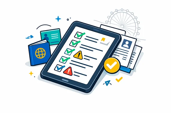 Semi-flat isometric vector illustration of a digital checklist on a tablet, with passport and document icons, ticks and warning symbols. Calm, organized, efficient atmosphere with deep blue and turquoise main colors and yellow-blue accents for the UK. Minimal white background with a subtle outline of the London Eye in the distance.