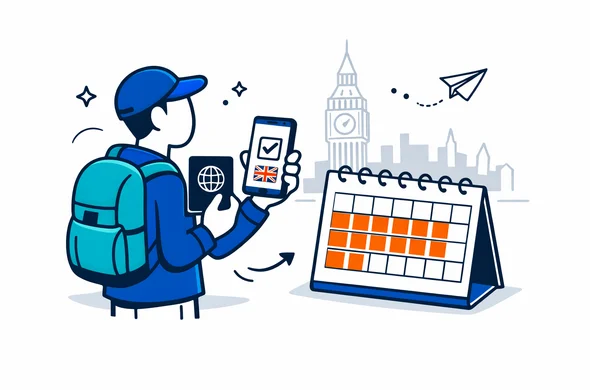 Flat semi-flat vector illustration, modern tech feel, clean lines, isometric composition. Abstract faceless traveler holding a passport and a smartphone showing a UK ETA approval screen, next to a calendar with six months highlighted. Primary palette deep blue and turquoise, accent color Union Jack red. Minimal white grey background with a faint outline silhouette of Big Ben and a simplified London skyline. Calm organized safe atmosphere, no photorealism, no facial features.