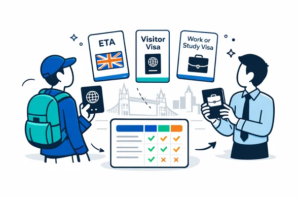 Flat vector illustration, clean 2D design with subtle isometric elements. Abstract faceless characters comparing three travel authorization documents labeled ETA, Visitor Visa, Work or Study Visa, with a floating UI comparison table. Primary colors deep blue and turquoise, accent Union Jack red. Minimal white grey background with a faint outline silhouette of Tower Bridge. Calm organized efficient composition, modern tech style, no photorealism.