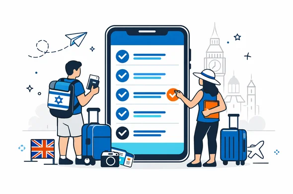 Semi flat vector illustration of abstract Israeli travelers preparing a trip to London with a digital UK ETA checklist on a large smartphone screen, deep blue and turquoise interface, red and navy accents for the United Kingdom, calm and organized atmosphere, minimal white background with faint Big Ben and London skyline outline, faceless characters, modern tech style