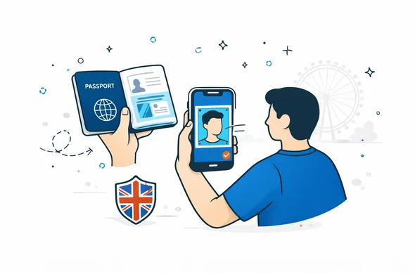 Flat vector illustration of an abstract traveler using a smartphone to scan a biometric passport and take a selfie for a UK ETA application, deep blue and turquoise interface, subtle red and navy highlights, calm secure vibe, minimalist white background with faint silhouette of the London Eye, faceless characters and modern digital style
