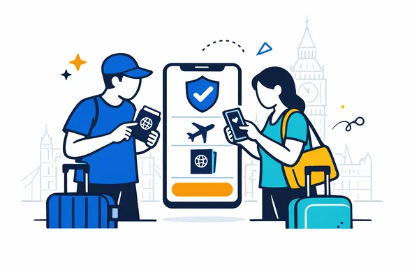 Flat vector illustration of two abstract travelers with suitcases and passports using a smartphone app to get a UK Electronic Travel Authorisation (ETA); modern tech interface, deep blue and turquoise primary colors with yellow accents for the UK; minimalist white background with a faint outline of Big Ben and the London skyline; clean lines, semi-flat style, calm and efficient atmosphere, no facial features.