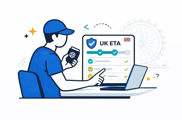 Flat vector illustration of an abstract traveler sitting at a desk with a laptop and passport, checking off steps in an online UK ETA application; UI elements showing progress steps; deep blue and turquoise primary colors with yellow accents for the UK; minimalist grey-white background with a faint outline of the London Eye; calm, efficient atmosphere, no facial features.