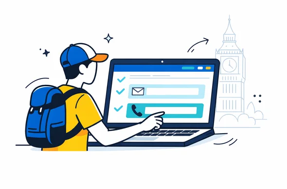 Flat semi-flat vector illustration of an abstract faceless traveler filling in email and phone fields on a large digital UK ETA form on a laptop, deep blue and turquoise interface with yellow and blue accent colors inspired by United Kingdom travel, calm organized atmosphere, minimalist white background with faint outline of Big Ben in London, modern tech style, clean lines, no facial features