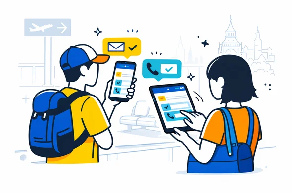 Flat vector illustration of two abstract faceless travelers at an airport gate checking email and phone notifications about their UK ETA on a smartphone and tablet, deep blue and turquoise user interfaces with yellow and blue accents, calm organized travel scene, minimalist white and light grey background with faint London skyline silhouette including Big Ben, modern tech style, clean lines, no facial details